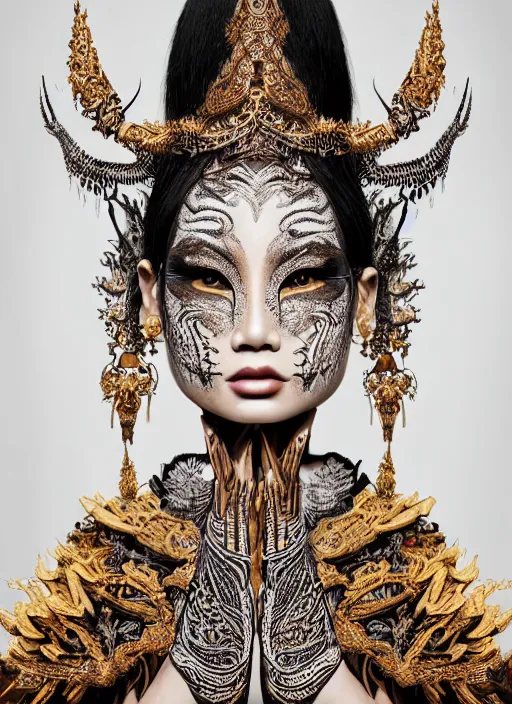 Prompt: a fierce looking beautiful young thai woman with symmetrical white makeup, wearing an intricate headdress made from bones and leather, wearing large earrings made from white bones, hyperdetailed illustration by irakli nadar and alexandre ferra, intricate linework, in the style of a national geographic portrait, unreal engine 5 highly rendered, global illumination, radiant light, detailed and intricate environment