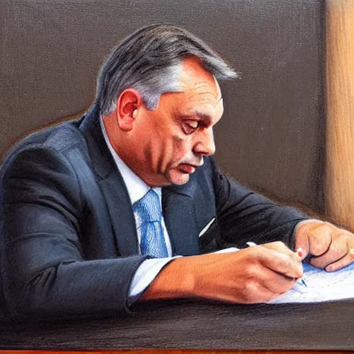 Image similar to viktor orban drawing a map, oil painting