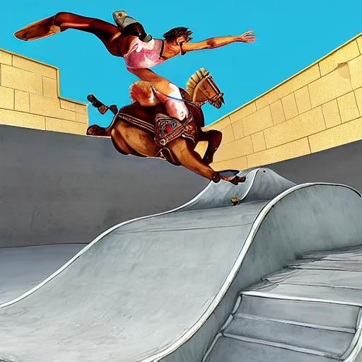 Image similar to roman horse chariot racer high jump in a skate park half-pipe, video game cover