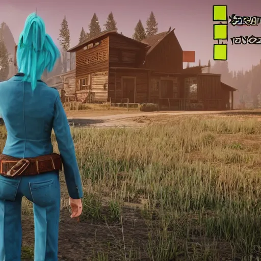 Prompt: red dead 2 hatsune miku in game