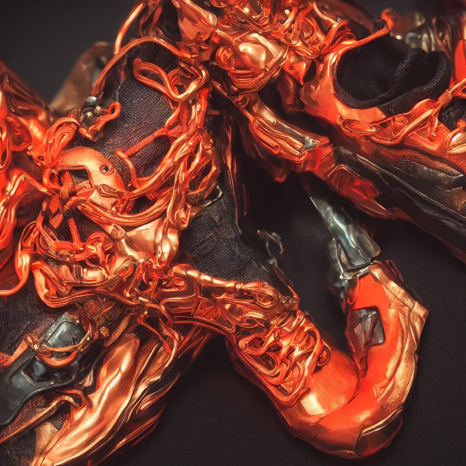 Image similar to realistic 8 k sculpture of a cyberpunk sneaker with neon illuminated rubber soles and soft orange shoelaces, beautiful studio lighting, soft, sharp focus, cyberpunk, intricate detail, gold and red accents, soft rubber, octane render, trending on artstation, deviantart, art by hiroshi fujiwara