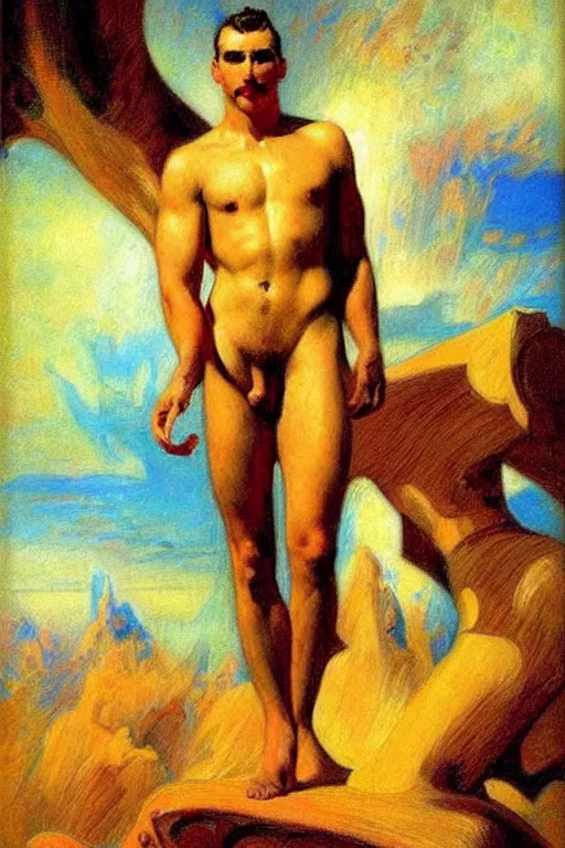 Image similar to attractive man, futurism, painting by gaston bussiere, tom of finland