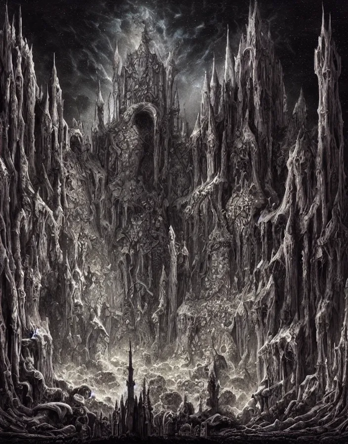 Image similar to a dark gothic castle made of skulls and bones and skeletons, tall spires, epic nebula, Dan Seagrave art