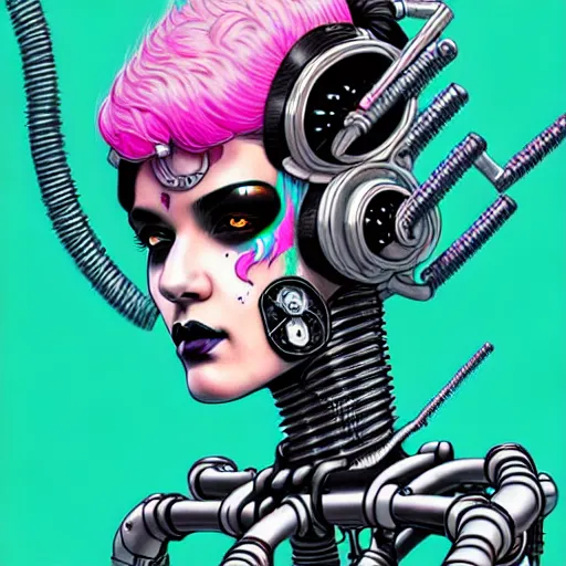 Image similar to portrait painting of a punk cybernetic fairy with beautiful black hair and eyes, sharp focus, award - winning, trending on artstation, masterpiece, highly detailed, intricate. art by josan gonzales and moebius and deathburger