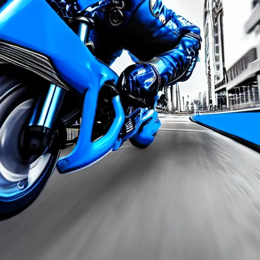 Prompt: blue racing motorcycle driving fast on the street