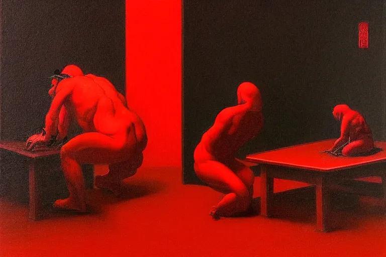 Image similar to only with red, a red samurai do seppuku, tokio, a lot of frogs watch, in the style of beksinski, parts by edward hopper, parts by rodcenko, parts by yue minjun, intricate and epic composition, red by caravaggio, insanely quality, highly detailed, masterpiece, red light, artstation, 4 k