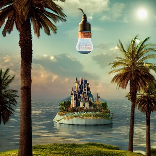 Prompt: a castle surrounded by giant palm trees on a giant floating island in the sky, giant light bulb glowing in the sky, cinematic, digital art by erik johansson, 8 k resolution, hyper detailed, sharp focus