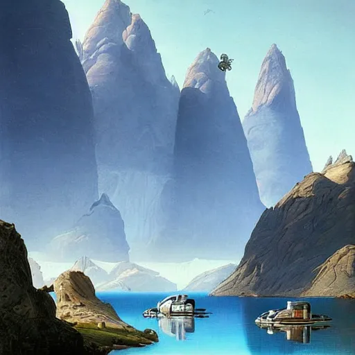 Image similar to a mountain lake landscape with futuristic vehicles in the style of Dr. Seuss, luxury, painting by Raphael Lacoste