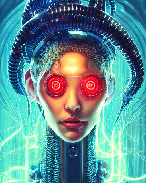 Image similar to a cyberpunk close up portrait of cyborg medusa, electricity, snakes in hair, sparks, bokeh, soft focus, skin tones, warm, sky blue, daylight, geometric, by paul lehr, jesper ejsing