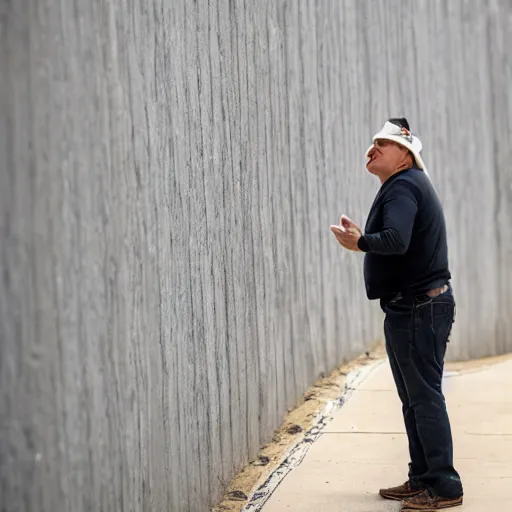 Prompt: Mike Myers gazing at the US-Mexican Wall, XF IQ4, f/1.4, ISO 200, 1/160s, 8K, RAW, unedited, symmetrical balance, in-frame