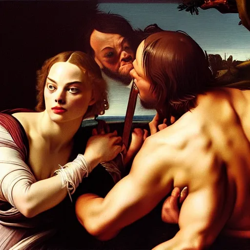 Image similar to Margot Robbie crucifying Leonardo DiCaprio, baroque painting, beautiful detailed intricate insanely detailed 8K artistic photography, photorealistic, chiaroscuro, Raphael, Caravaggio