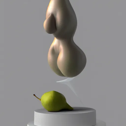 Image similar to a sculpture of a bitten pear that looks like a woman's body, on a white table, in the style of dominique rayou, 3 d render