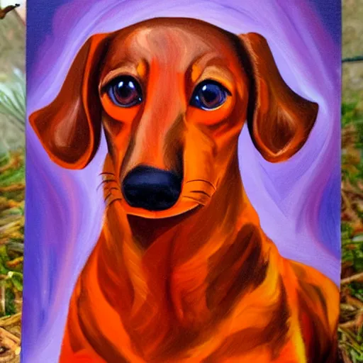 Image similar to fire elemental dachshund, oil painting