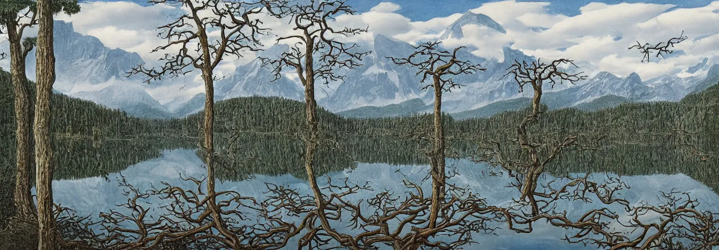 Image similar to escher painting of a lake, big trees reflecting on lake surface, mountains at background, snowy, ultra sharp, ultra detailed, horror emotion, colorized by salvador