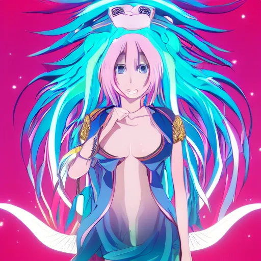 Image similar to stunningly beautiful omnipotent anime goddess with smooth porcelain skin, pink hair and mesmerizing cyan eyes, symmetrical, 8 k