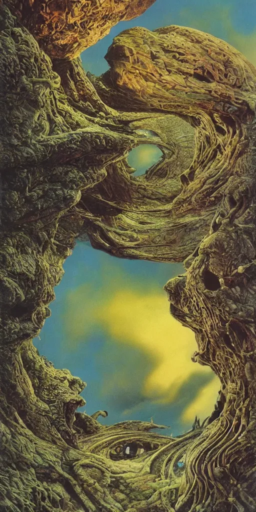 Image similar to breathtakingly beautiful ultrawide angle colour masterpiece dream by roger dean and hr giger, incredible sense of depth and perspective and clarity, weird abstract, 8 k