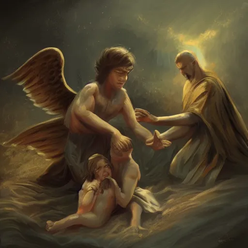 Image similar to angels protecting a praying man, by Quentin de Warren, Trending on artstation, deviantart