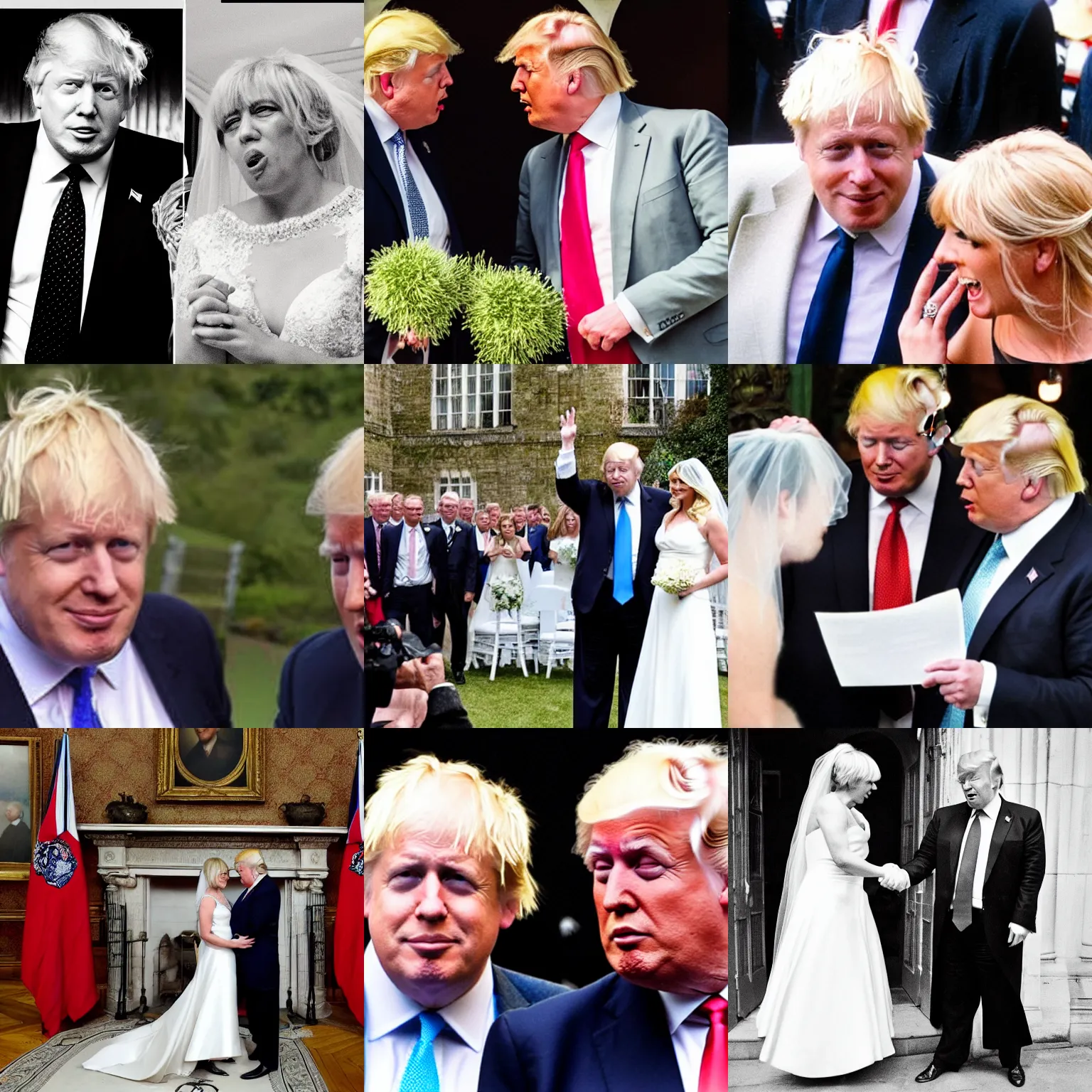 Prompt: a photograph of boris johnson and donald trump getting married to each other, captivating, happy, professional