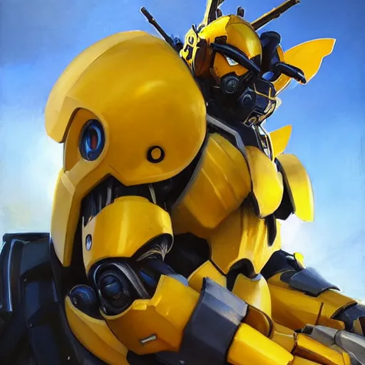 Image similar to greg manchess portrait painting of bumblebee the transformer as overwatch character, medium shot, asymmetrical, profile picture, organic painting, sunny day, matte painting, bold shapes, hard edges, street art, trending on artstation, by huang guangjian, gil elvgren, ruan jia, greg rutkowski, gaston bussiere