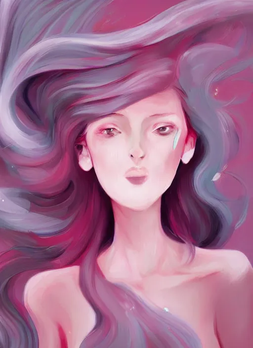 Prompt: digital painting, full body portrait, dynamic poses, anime face, glowing woman, pink and grey clouds, flowing hair, by lois van baarle, by loish, trending on artstatio