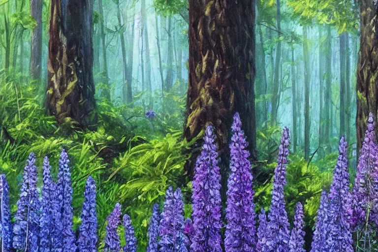 Image similar to vintage iron lamp post in the lush forest in the spring. Cinematic, purple lupin flowers, hiking trail. Intricately detailed oil painting