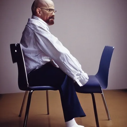 Prompt: walter white from back sitting on chair standing photo by annie leibovitz 8 0 mm lens bokeh