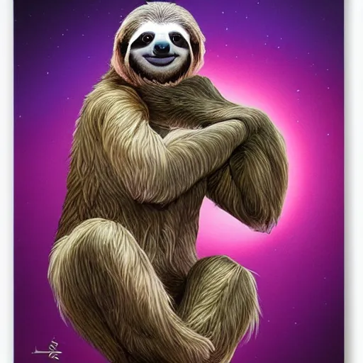 Prompt: a sloth doing a yoga pose on top of mountain by artgerm, artgerm, Hildebrandt, WLOP, Charlie bowater