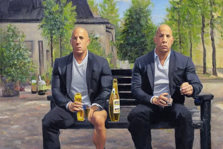 Prompt: vin diesel in an black adidas suite sits on a bench with a bottle of beer in the courtyard of a provincial russian town, oil on canvas, naturalism e