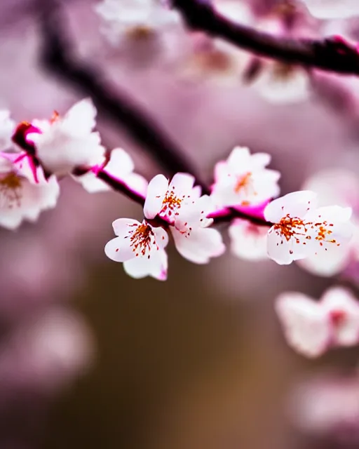 Image similar to high quality macro photo of cherry blossoms melting! goo! robert steven connett twilight 8k high angle shallow depth of field