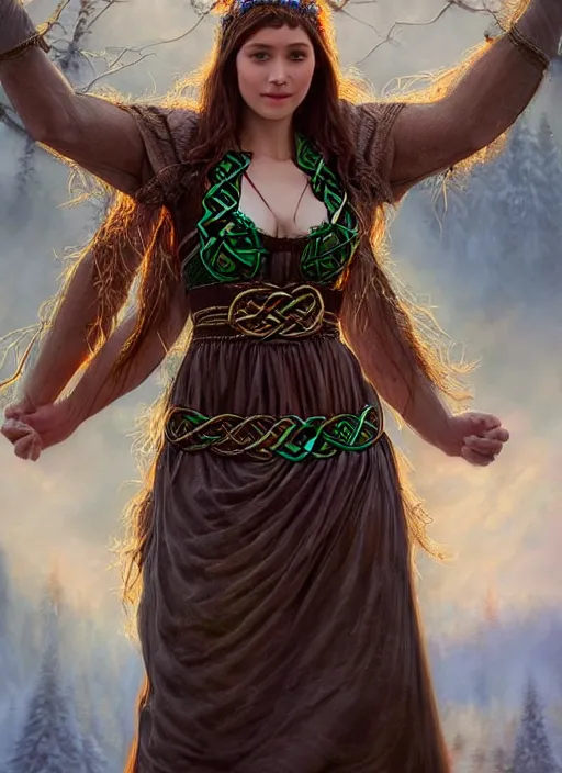 Image similar to photo of a gorgeous druid woman wearing a traditional celtic dress in the style of stefan kostic, realistic, sharp focus, 8 k high definition, insanely detailed, intricate, elegant, art by stanley lau and artgerm