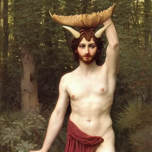 Prompt: photorealistic portrait of horned god Pan in the forest by Bouguereau