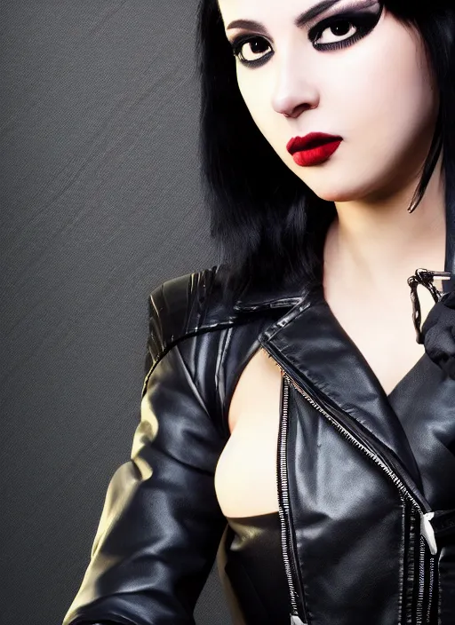 Prompt: overwatch style oil painting portrait of as woman with black hair and a leather jacket, confident pose, 4 k, expressive surprised expression, makeup, wearing sleek armor, studio lighting, black leather harness, expressive detailed face and eyes,