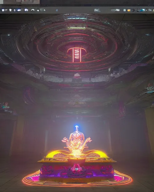 Image similar to buddhist cyber punk temple in the style of andree wallin, vitaly bulgarov, ambient lighting, unreal engine 5, neon light