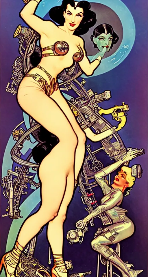 Image similar to a retro future science fiction pinup illustration of dita von teese, alphonse mucha, alberto vargas, gil elvgren, diesel punk.