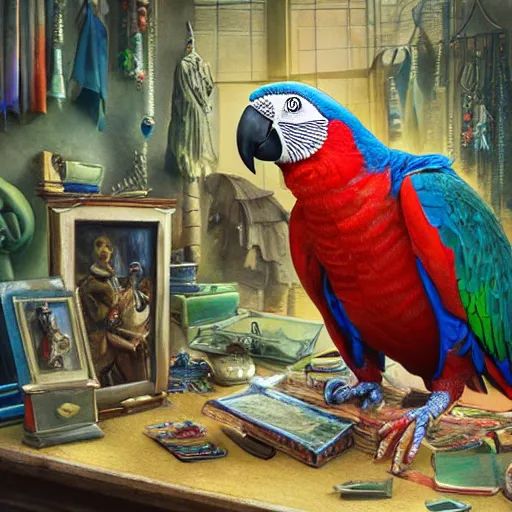 Image similar to A Anthropomorphized parrot trader in his shop, selling his wares, portrait, items, gold, carpet, window, sly expression, cunning expression, D&D, fantasy, intricate, cinematic lighting, highly detailed, digital painting, artstation, concept art, smooth, sharp focus, illustration, art by Akihiko Yoshida, Greg Rutkowski