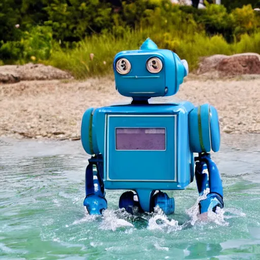 Image similar to extremely detailed photo of a robot swimming in the water, accurate