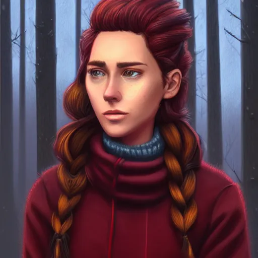 Prompt: an insanely detailed realistic depiction of beautiful jodi from stardew valley standing in the rainy forest wearing burgundy sweater under denim jacket facing camera, auburn hair, pretty brown eyes, french braid, in the style of peter mohrbacher, artgerm, dramatic lighting and composition, octane render, trending on artstation, concept art 8 k