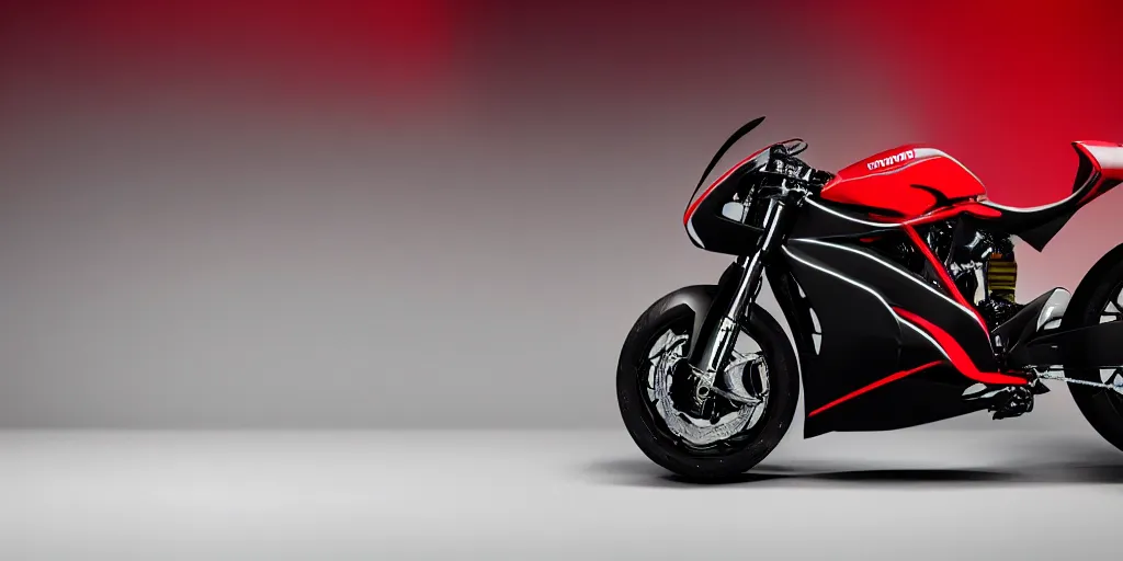 Prompt: a design of a futuristic ducati, designed by pininfarina, northern lights background, brushed red bike paint, black rims, dark show room, dramatic lighting, hyper realistic render, depth of field