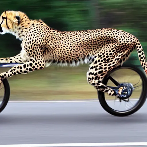 Prompt: cheetah is riding a bike, photo, 4k, hyper realistic,