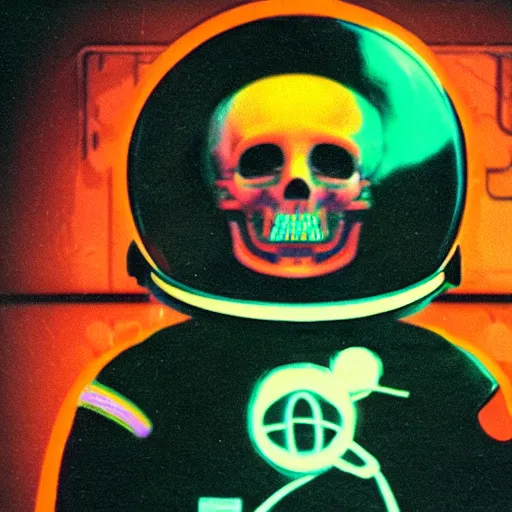 Image similar to astronaut with neon glowing skull, 1 9 6 0 s, color bleed, video compression, video glitch, monochrome, akira kurosawa, mamoru oshii, wes anderson, stanley kubrick