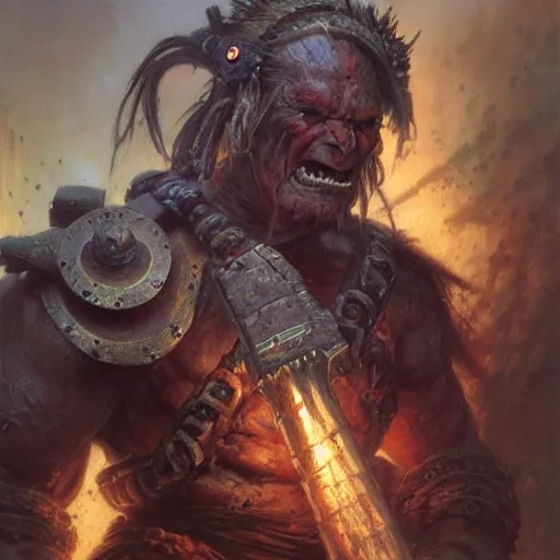 Image similar to orc warlord berserker, wielding a big hammer, stuning 3 d render, masterpiece, glowing aura, by donato giancola and greg rutkowski and wayne barlow and zdzisław beksinski, realistic face