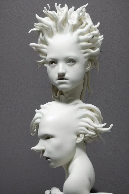 Prompt: full head and shoulders, beautiful female porcelain sculpture by daniel arsham and raoul marks, smooth, large hair is solid gold, all face features are white, on a white background, delicate facial features, white eyes, white lashes, detailed white, lots of 3 d giant axolotls on the head