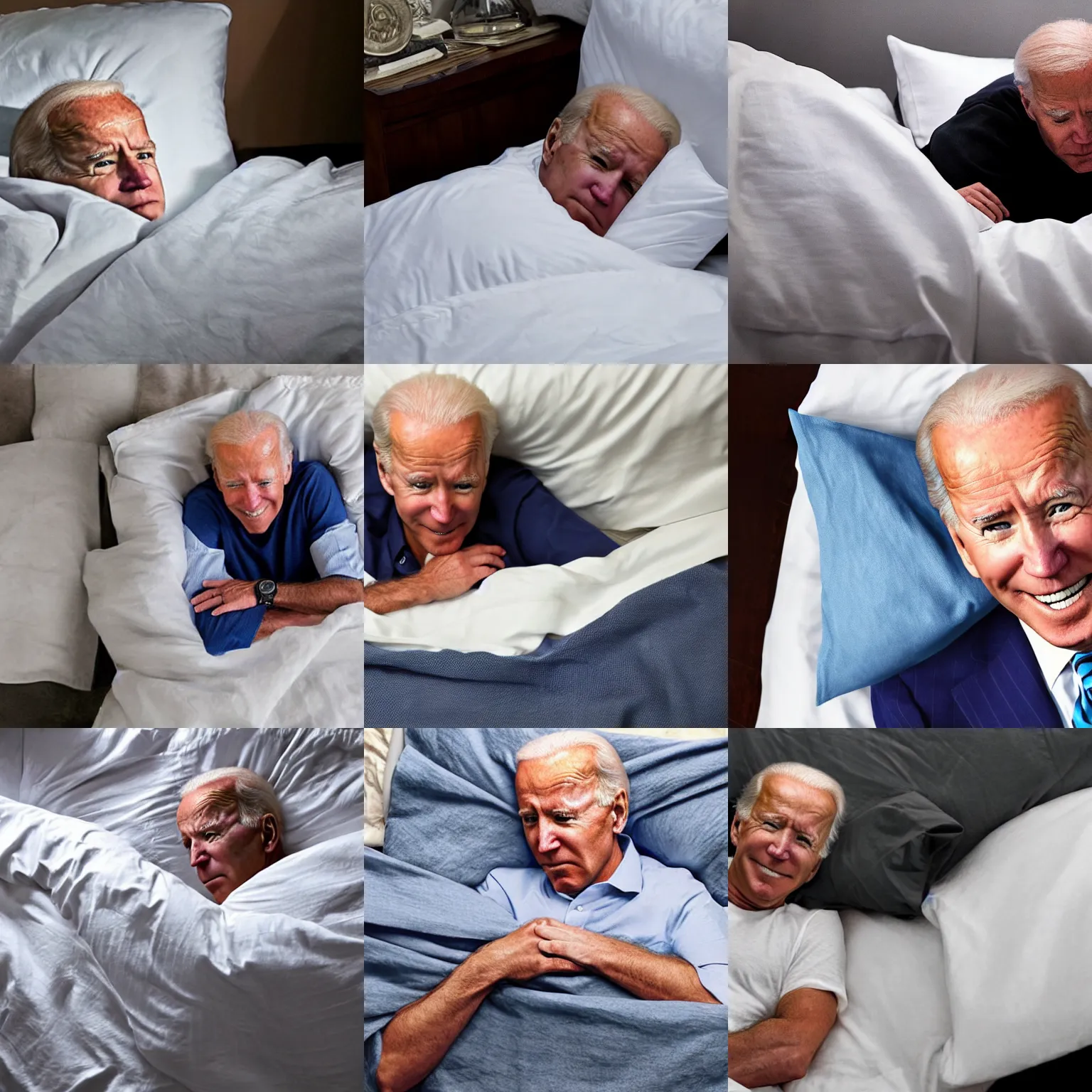 Prompt: photo of weak joe biden hiding under the covers in bed