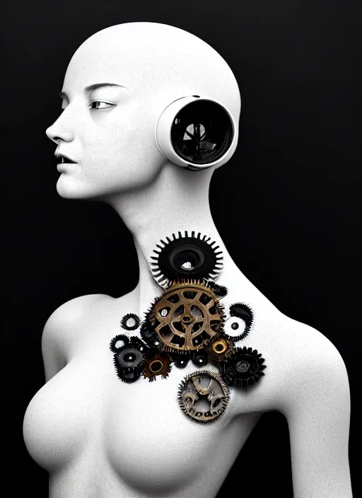 Image similar to black and white dreamy foggy profile face portrait, one steampunk eye biomechanical beautiful young female cyborg - robot, body ribs meshes, big monocular, volumetric light, hibiscus flowers, by hg giger, rim light, by dora maar and cecile beaton, big gothic fashion pearl embroidered collar, 8 k