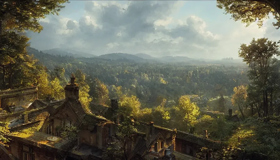 Image similar to view from a manor house balcony overlooking a forest valley, highly detailed, architecture, sunny, blue sky, cinematic lighting, highly angle, godrays, volumetric, digital art painting by greg rutkowski