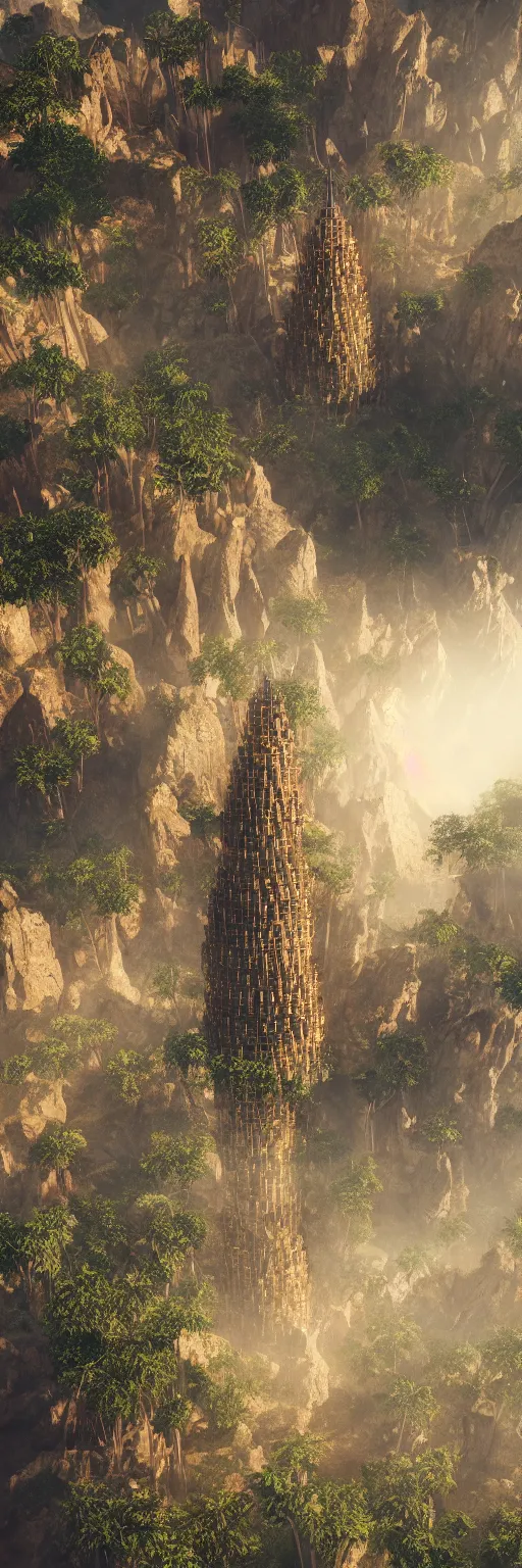 Image similar to photo of vertical golden tower, stacked ancient village, arid mountains and lush palm forest, photo realism, sharp focus, octane