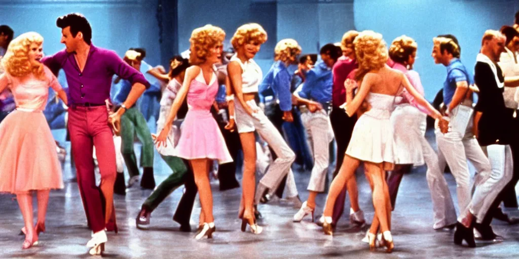 Image similar to Still of Grease (1976) featuring a tap dance by Fred Astaire and Ginger Rogers, cinematic, technicolor