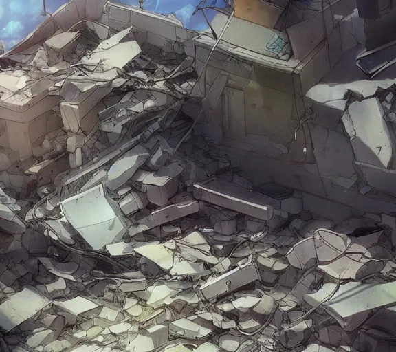 Prompt: an iPhone smartphone in the rubble, ruins. Anime, Makoto Shinkai