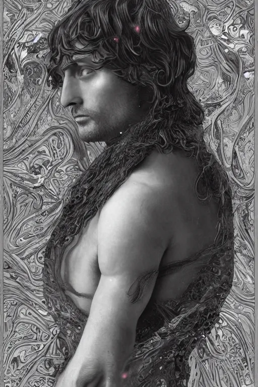 Image similar to A pre-raphaelite portrait of Mads Mikkelsen, surreal, ultradetailed, intricate, elegant, digital art painting, concept art, smooth, sharp focus, poster art, art cover illustration, regal, award winning picture, extremely detailed masterpiece, sense of awe, featured on artstation, Artgerm, effervescent punk kawaii-noir pastel bubbles, winning award piece, ethereal rainbows, Aetherpunk, low-key neon lightning, stormy weather, Exquisite details, 8K detail post-processing, matte, oil painting