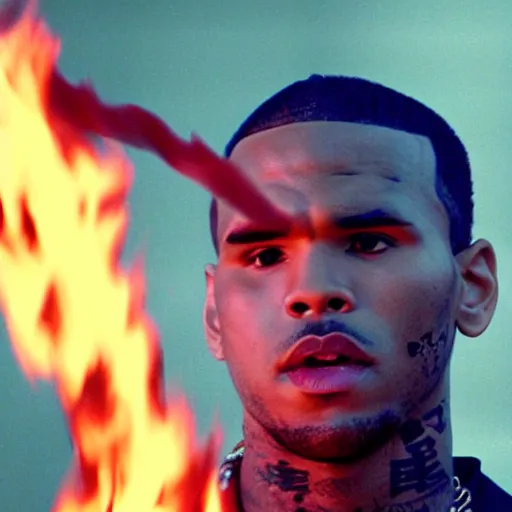 Image similar to cinematic film still of Chris Brown starring as a Japanese Sensei with fire, Japanese CGI, VFX, 2003, 40mm lens, shallow depth of field, film photography